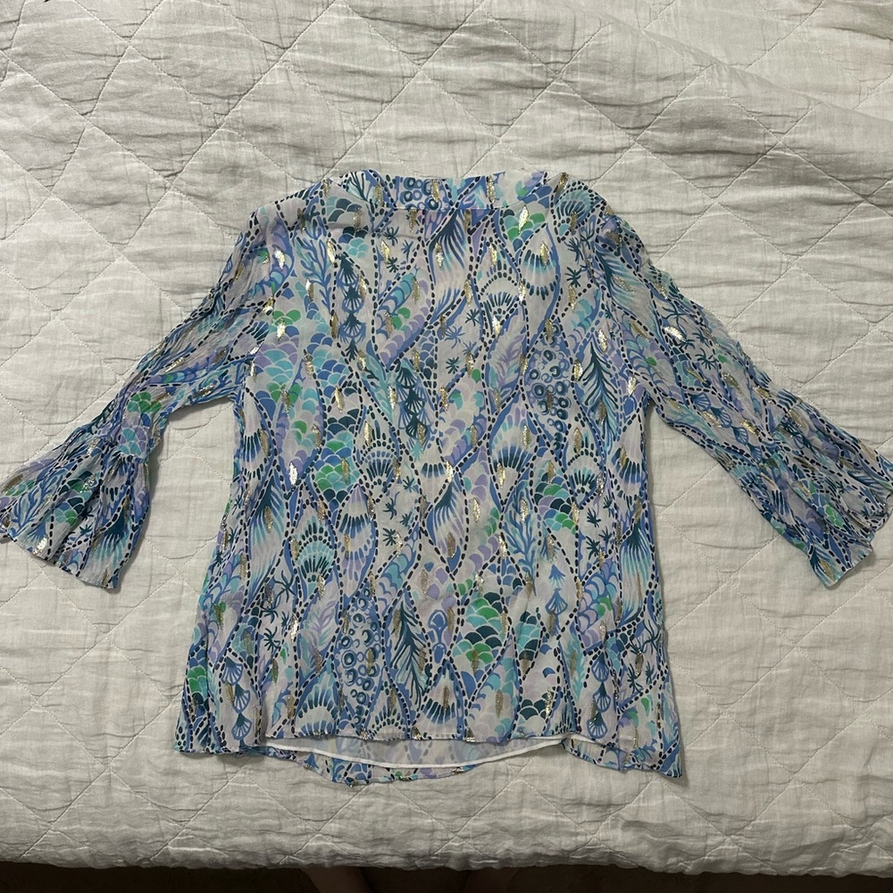 Lilly Pulitzer Elenora Tails Of The Sea Blouse Metallic Medium - Picture 9 of 9